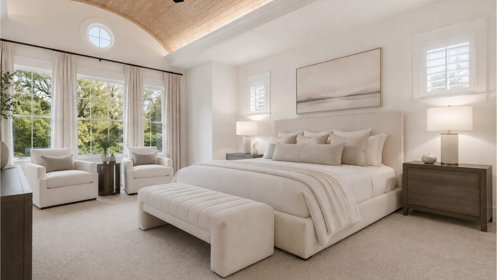 Escape to this primary suite with barrel ceiling, windows and gorgeous light. 