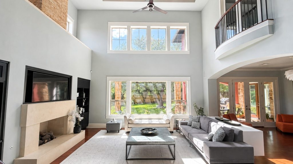 Natural light floods the first floor living room and brings the outdoors in.